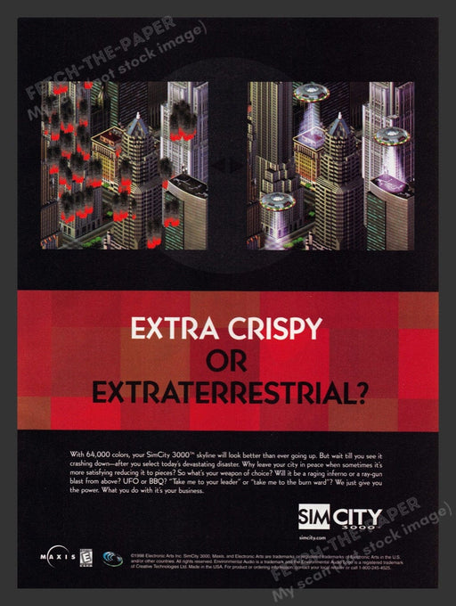 1999 Sim City 3000 "Extra Crispy or Extraterrestrial?" Video Game Print Ad Fetch the Paper!