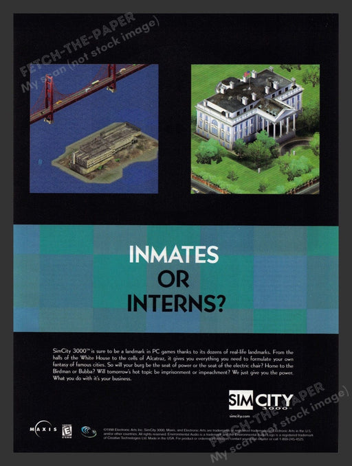 1999 Sim City 3000 "Inmates or Interns?" Video Game Print Advertisement Fetch the Paper!
