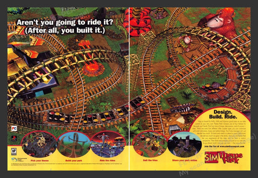 1999 Sim: Theme Park Roller Coaster Video Game Print Advertisement 2pgs Fetch the Paper!
