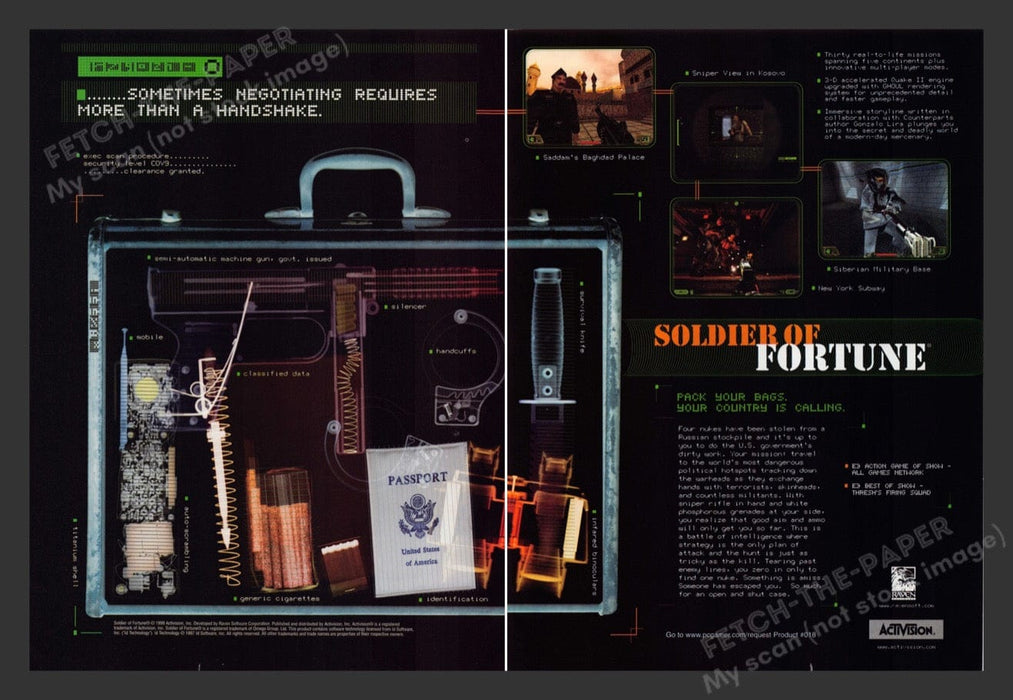 1999 Soldier of Fortune Briefcase Scan Video Game Print Advertisement 2pgs Fetch the Paper!
