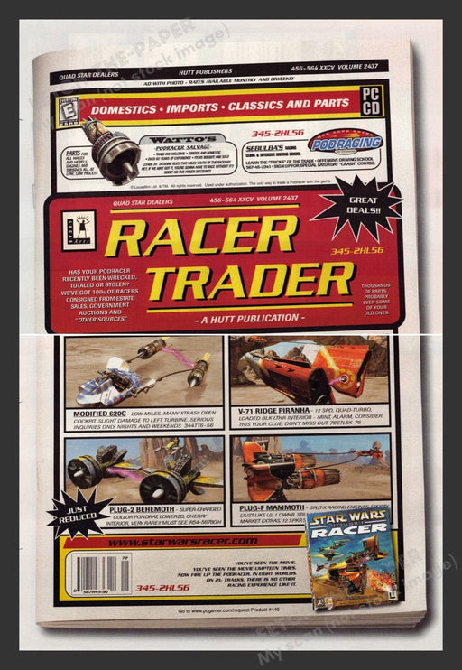 1999 Star Wars Racer Episode 1 Video Game Print Advertisement 2pgs