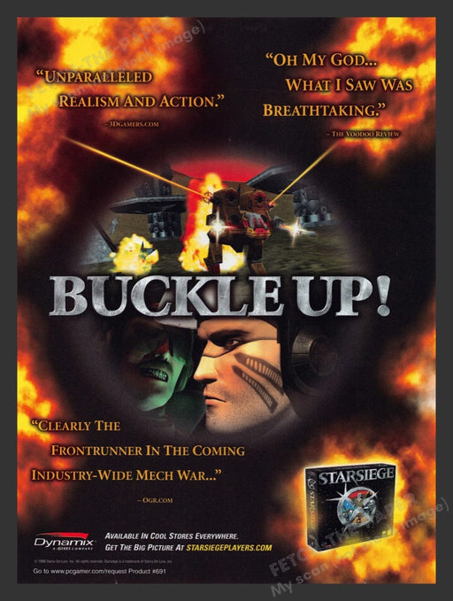 1999 Starsiege "Buckle Up!" Video Game Print Advertisement Fetch the Paper!