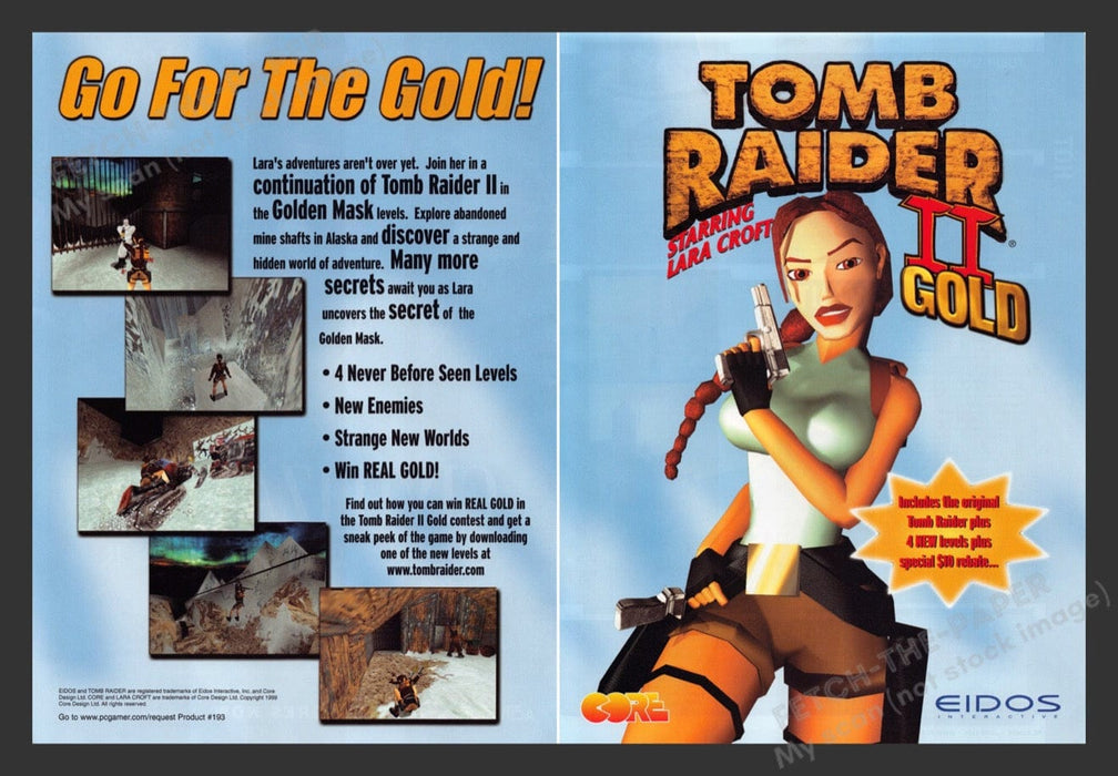 1999 Tomb Raider II Gold Video Game Print Advertisement (2 pgs) Fetch the Paper!