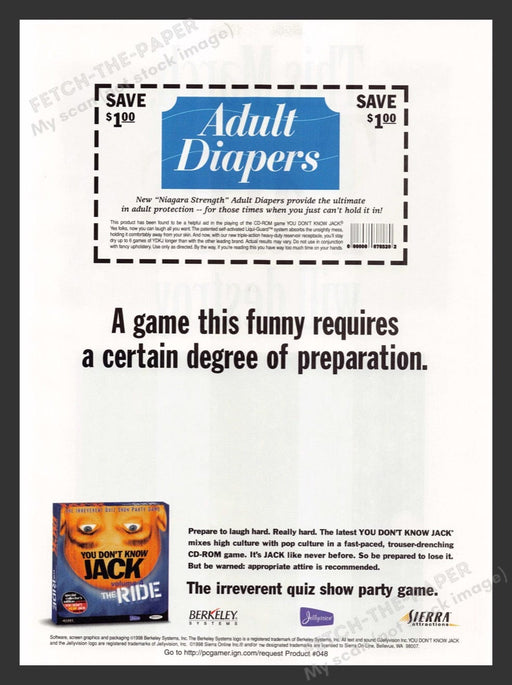 1999 You Don't Know Jack Adult Diapers Coupon Video Game Print Advertisement Fetch the Paper!
