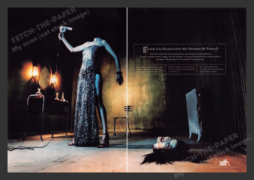 2000 3dfx Woman with her head cut off Video Game Print Advertisement (2 pgs) Fetch the Paper!