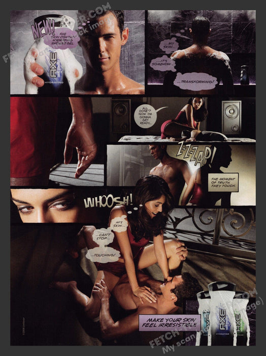 2008 Print Advertisement Axe Body Wash Sexy Couple Cartoon-ish Ad.