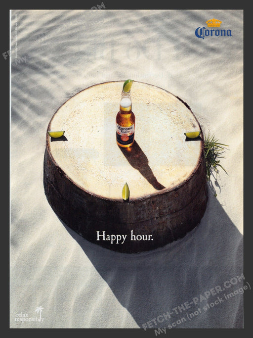 2008 Print Advertisement Corona Extra Beer "Happy Hour" Beach Barrel Alcohol Ad.