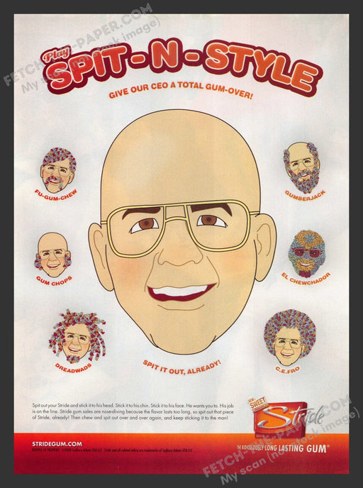 2008 Print Advertisement Spit-n-Style Stride Chewing Gum CEO Makeover Cartoon Ad.