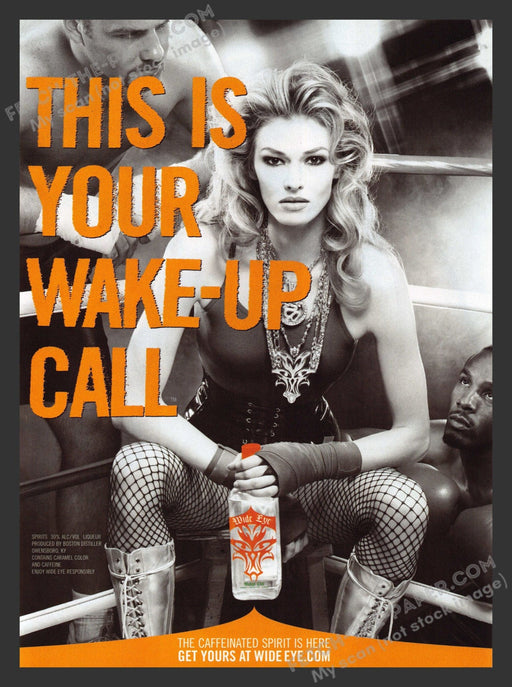 2008 Print Advertisement Wide Eye Female Boxer Caffeinated Spirits Alcohol Ad.