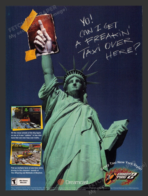 2001 Crazy Taxi 2 Statue of Liberty Video Game Print Advertisement Fetch the Paper!