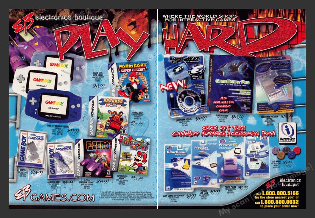 2001 EB Games "Play Hard" Mario GameBoy Advance Video Game Print Ad (2 pgs) Fetch the Paper!