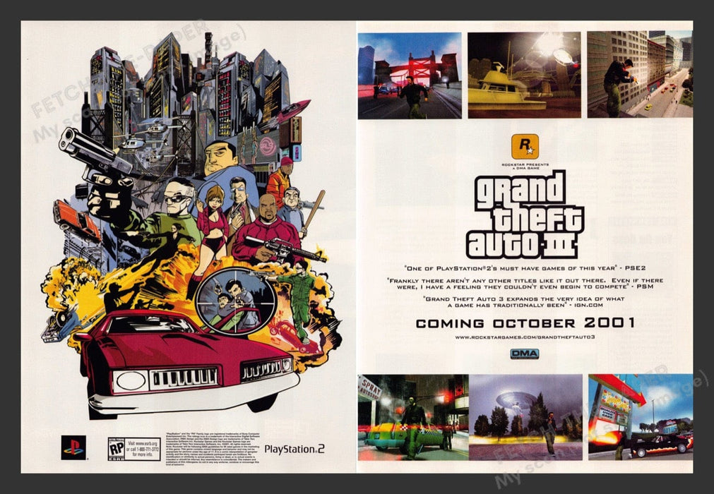 2001 GTO Grand Theft Auto III Video Game Print Advertisement (2 pgs) Fetch the Paper!