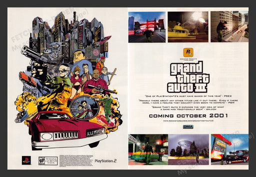 2001 GTO Grand Theft Auto III Video Game Print Advertisement (2 pgs) Fetch the Paper!