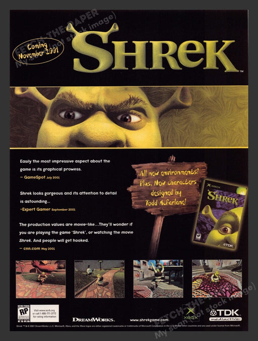 2001 Shrek "All new environments & characters" Video Game Print Advertisement Fetch the Paper!