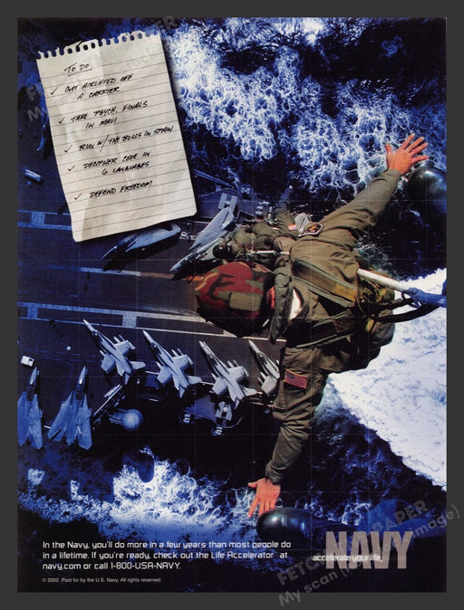 2002 U.S. Navy To Do List Aricraft Carrier Print Advertisement Ad Fetch the Paper!