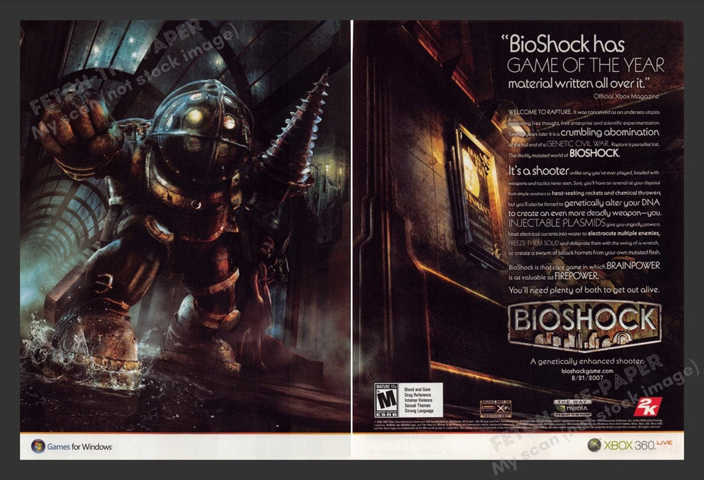 2007 Bioshock "Genetically enhanced shooter" Video Game Print Advertisement 2pgs