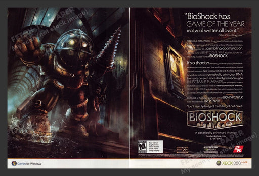2007 Bioshock "Genetically enhanced shooter" Video Game Print Advertisement 2pgs