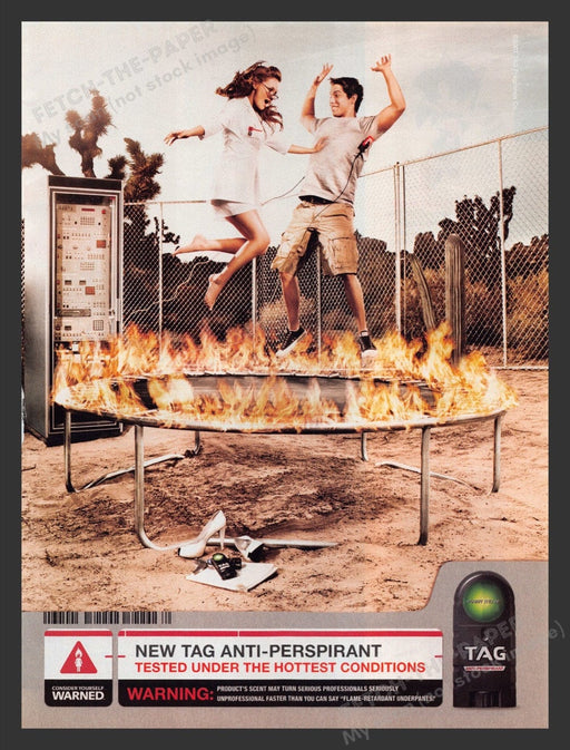 2007 Tag Anti-Perspirant Trampoline on Fire Print Advertisement Ad Fetch the Paper!
