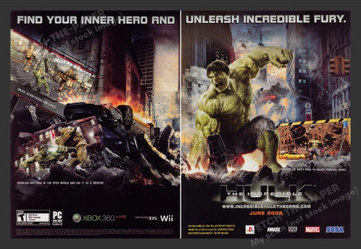 2008 The Incredible Hulk "Unleash Fury" Video Game Print Advertisement (2 pgs)