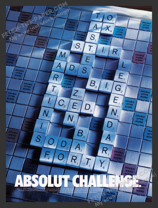 2001 Absolut Challenge Scrabble Alcohol Print Advertisement.