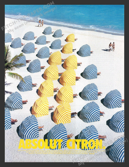 2001 Absolut Citron Beach Umbrella Bottle Layout Alcohol Print Advertisement.