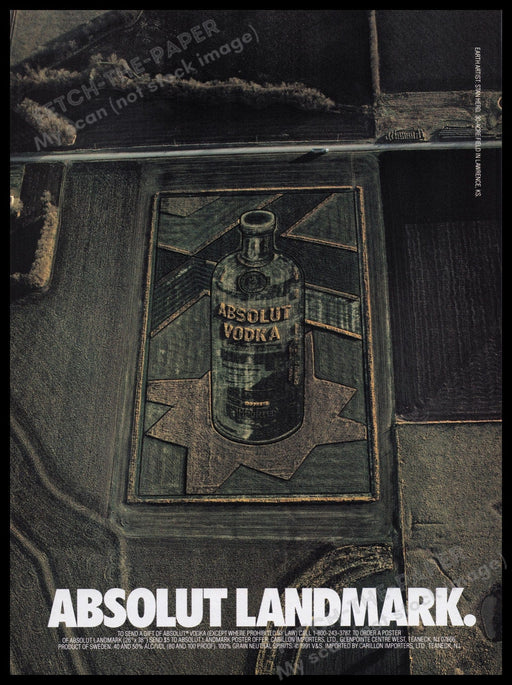 Absolut Landmark Vodka 1990s Print Advertisement Ad 1991 Crop Circle Fetch the Paper!