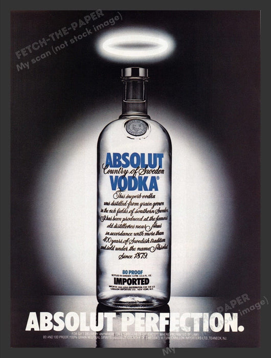 1989 Absolut Perfection Vodka Bottle with Halo Print Advertisement Ad