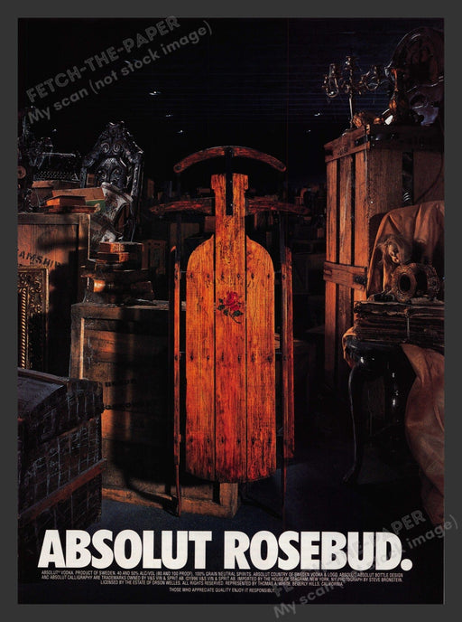 Absolut Rosebud Vodka 1990s Magazine Print Ad 1996 Wooden Sled Fetch the Paper!