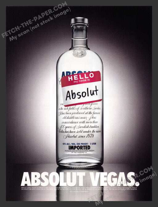 1999 Print Advertisement Absolut Vegas "Hello My Name Is" Alcohol Ad.