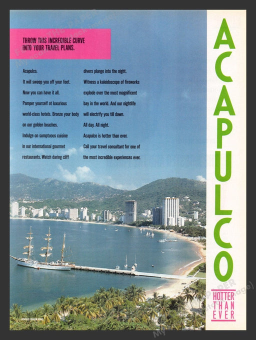 1989 Acapulco Bay Beach & Hotel Row Print Advertisement Ad