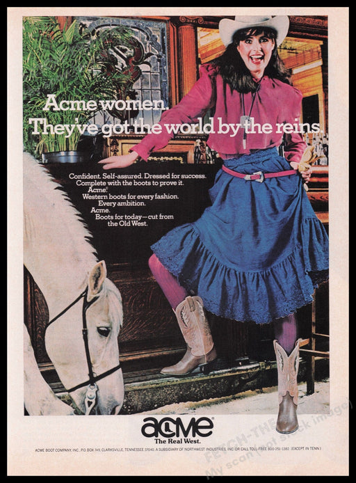 Acme Western Cowgirl Boots 1980s Print Advertisement Ad 1982 Horse Saloon Fetch the Paper!
