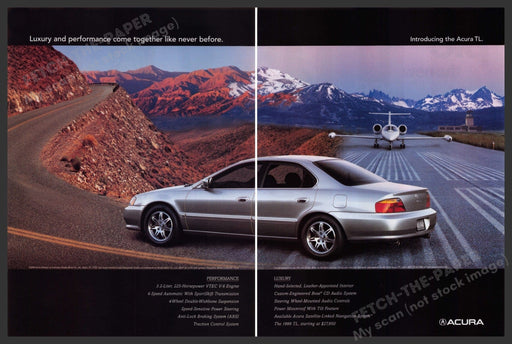 Acura TL Car 1990s Print Advertisement (2 pages) 1999 Airplane Runway Fetch the Paper!
