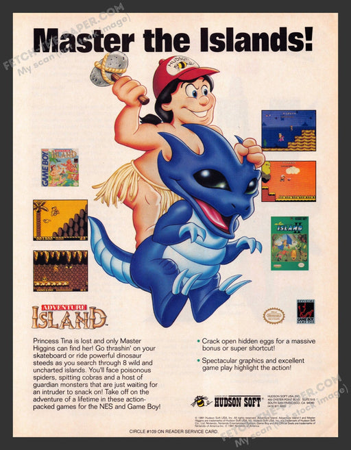 1991 Print Advertisement Adventure Island Video Game Ad.