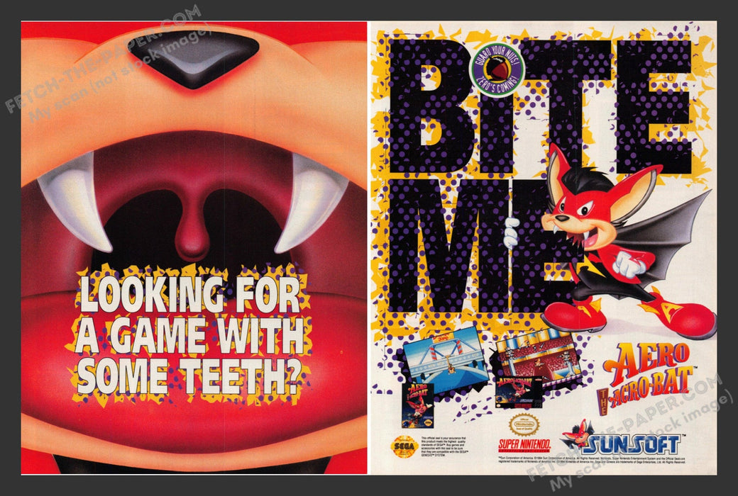 1994 Print Advertisement 2 Page Aero the Acro-Bat Video Game Ad.