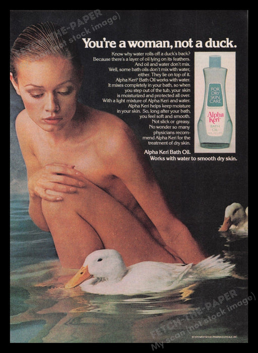 Alpha Keri Bath Oil 1970s Print Advertisement Ad 1977 Naked Woman with Ducks Fetch the Paper!