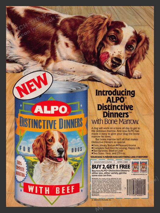 1986 Alpo Distinctive Dinners Dog Food Brittany Spaniel Print Advertisement Ad