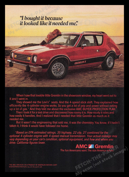 AMC Gremlin X Car 1970s Print Advertisement Ad 1978 Beach Fetch the Paper!