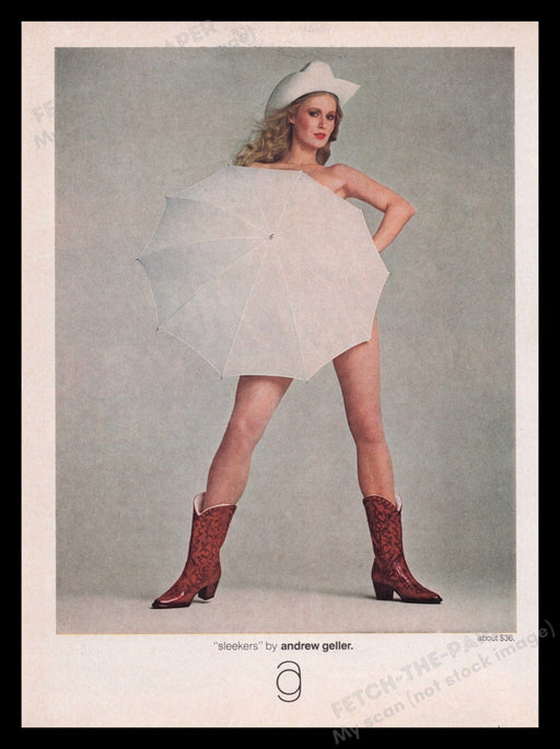 Andrew Geller Cowgirl Boots 1970s Print Advertisement Ad 1978 Legs Naked Under Fetch the Paper!