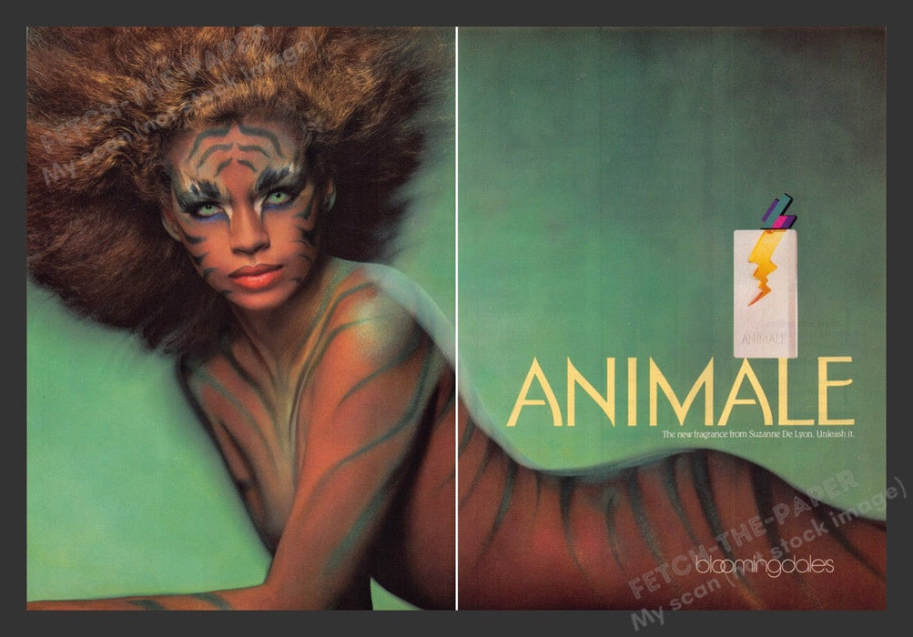 1987 Animale Fragrance Suzanne De Lyon Tiger Print Advertisement (2 Pages)