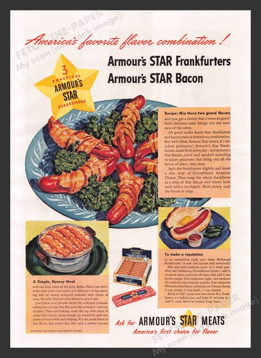 1940 Armour's Star Frankfurter & Bacon Recipes Print Advertisement Ad