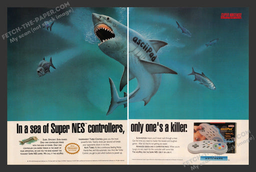 1993 Print Advertisement 2 Page AsciiPad Nintendo Shark Video Game Ad.