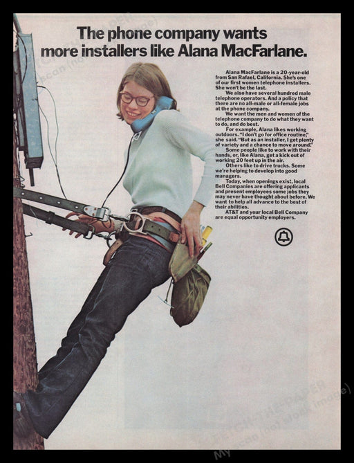 AT&T Bell Company 1970s Print Advertisement Ad 1972 Female Telephone Installer Fetch the Paper!