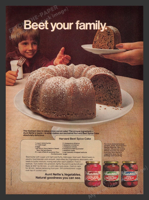1979 Aunt Nellie's Beets Harvard Beet Spike Cake Recipe Print Advertisement Ad