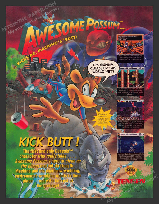 Awesome Possum Video Game 1990s Print Advertisement Ad 1993 Fetch the Paper!