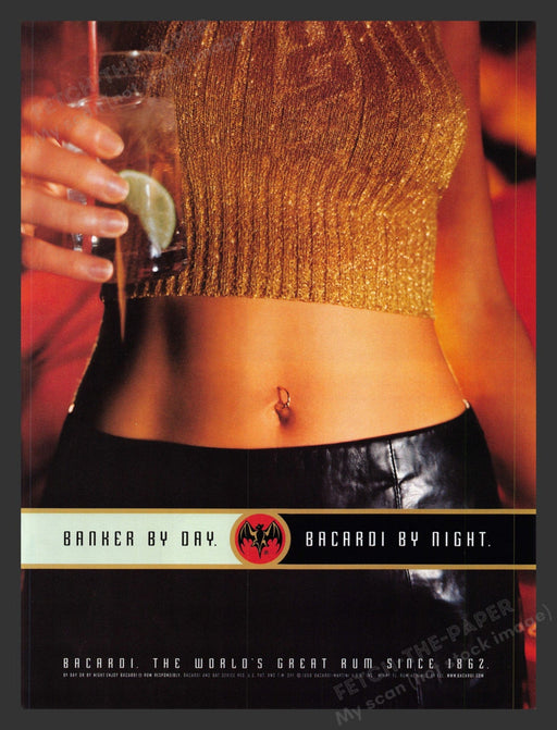 2000 Bacardi "Banker by Day" Bare Tummy Navel Ring Print Advertisement Ad.