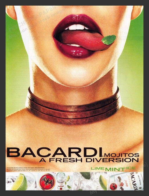 2002 Bacardi Mojitos Lime Mint Ice Alcohol Sexy Tongue Print Advertisement.