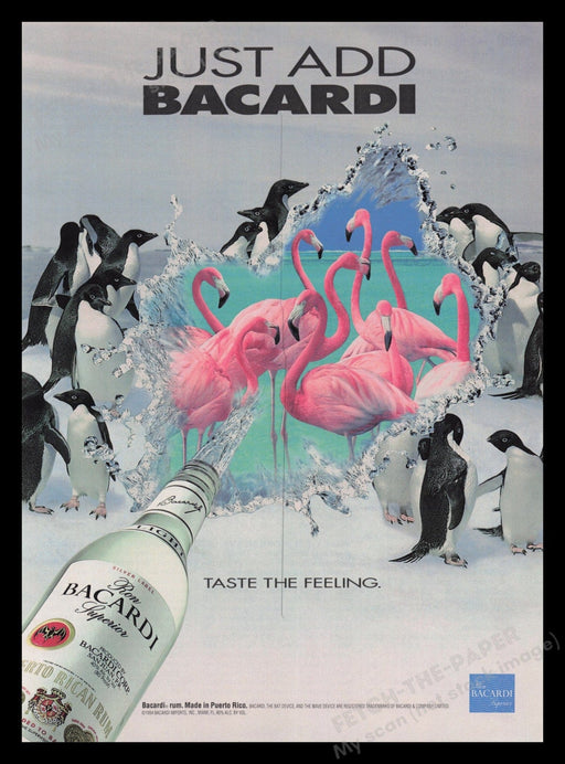 Bacardi Rum 1990s Print Advertisement Ad 1994 Penguin Flamingo Birds Fetch the Paper!