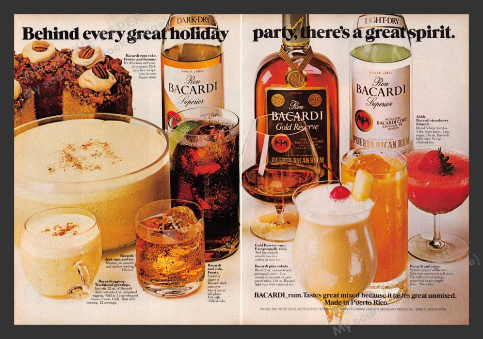 1983 Bacardi Rum Eggnog, Colada, Juice Recipes Print Advertisement (2 Pages)