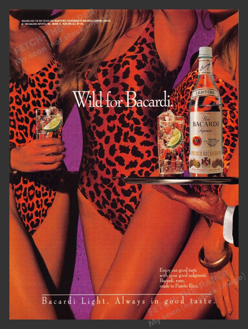1990 Bacardi Rum "Wild" Leopard & Cheetah Swim Suits Print Advertisement Ad