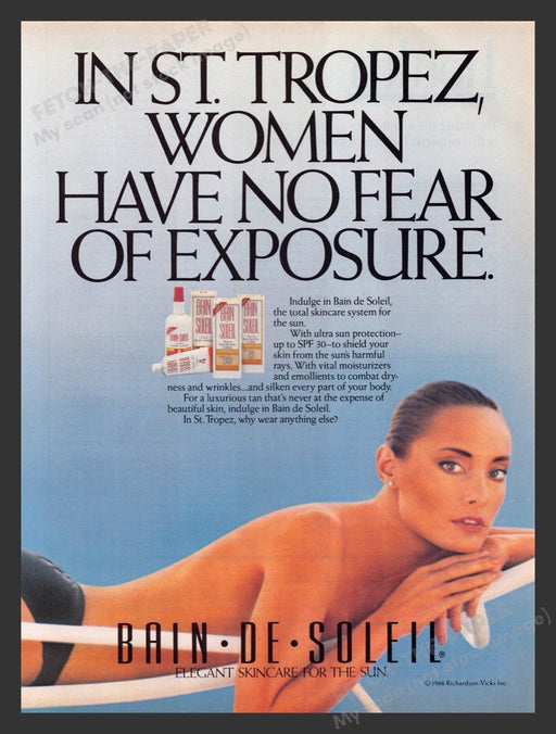 1988 Bain de Soleil St. Tropez Topless Sunbather Print Advertisement Ad